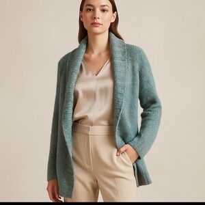 Leggiadro Wide Collar Cardigan Jasper Turquoise Large wool silk blend‎ NWT